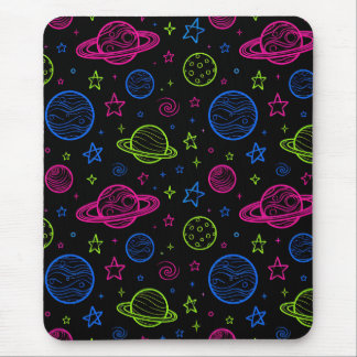 Minimalistisches Neon-Weltraum- und Planeten-Nacht Mousepad