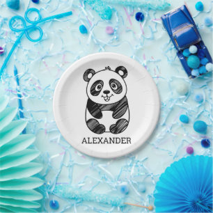Minimalistisches Niedliches Panda in Schwarz und W Pappteller