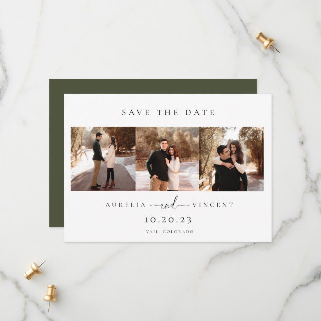 Minimalistisches Olive Green Wedding Foto Save The Date (Vorderseite/Rückseite Beispiel)