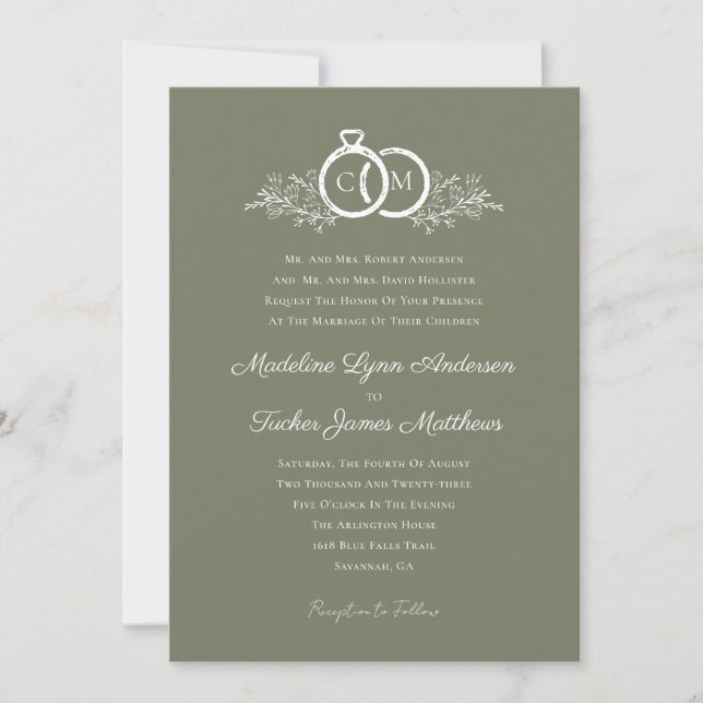 Minimalistisches Olive Wedding Rings Monogram Foto Einladung (Vorderseite)