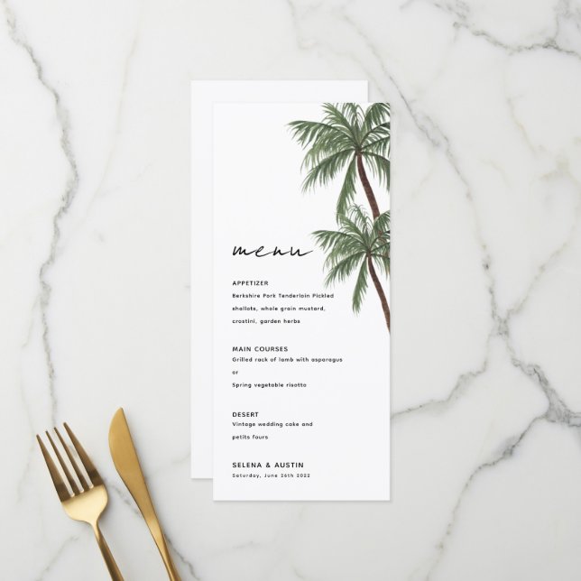 Minimalistisches Palmenbäume Hochzeitsmenü Menükarte (Vorderseite/Rückseite Beispiel)