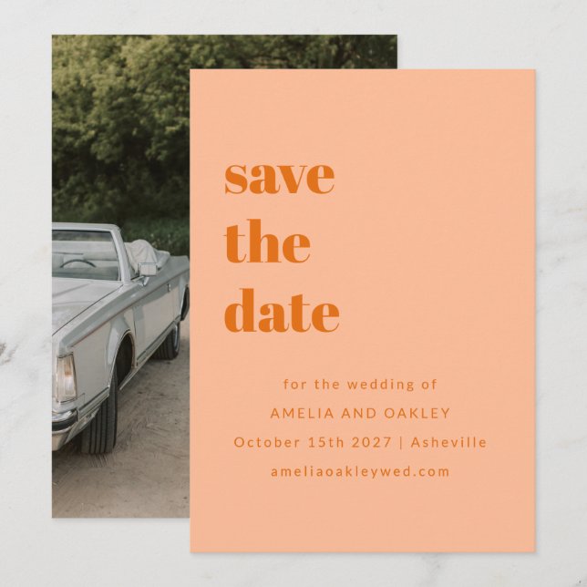 Minimalistisches Peach Orange Retro Simple Wedding Save The Date (Vorne/Hinten)