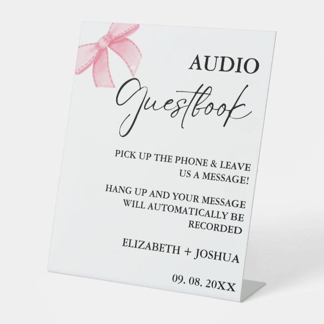 Minimalistisches Pink Bow Wedding Audio Gästebuchz Sockelschild (Vorderseite)