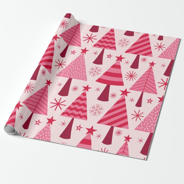 Minimalistisches Pink und Rote Weihnachtsbaummuste Geschenkpapier (Ungerollt)