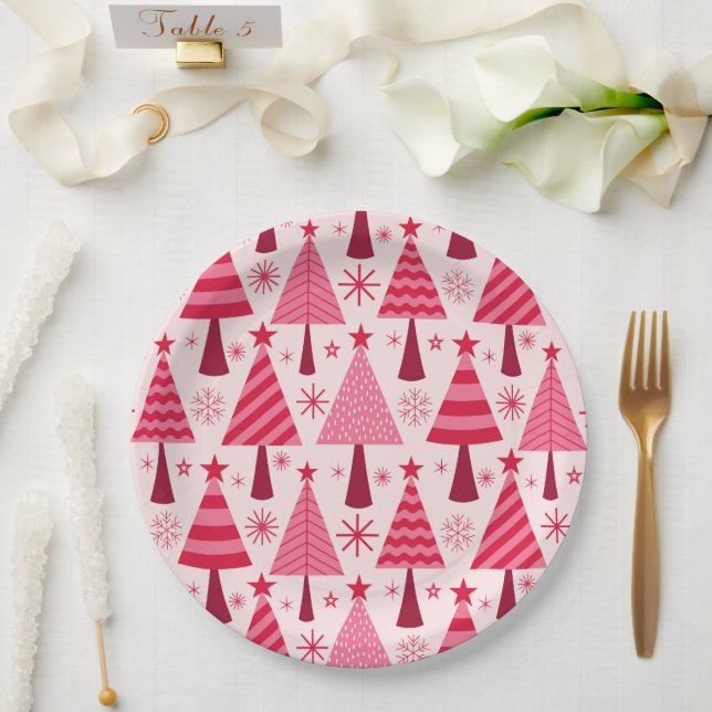 Minimalistisches Pink und Rote Weihnachtsbaummuste Pappteller (Hochzeit)