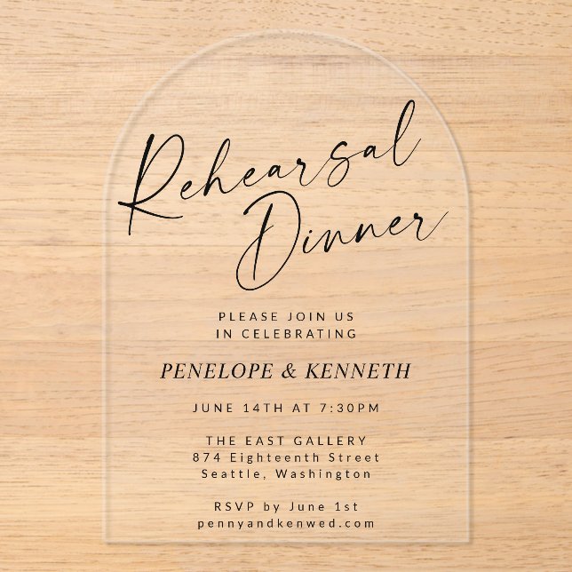 Minimalistisches Probe-Dinner für moderne Drehbüch Acryleinladungen (Vorderseite)