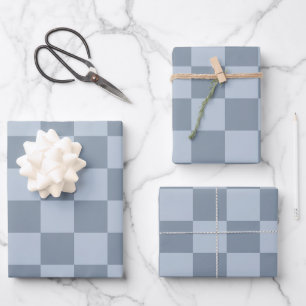 Minimalistisches Puderblau-Schachbrettmuster Geschenkpapier Set