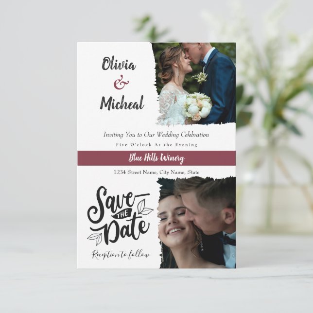 Minimalistisches Red Burgund Save the Date 2 Foto Einladung (Stehend Vorderseite)