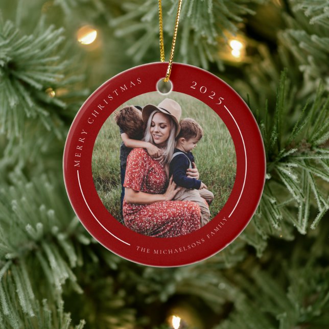 Minimalistisches Red Family Foto Keramik Ornament (Baum)