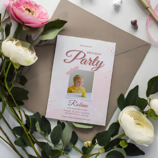 Minimalistisches rosa Foto Geburtstagsparty Einlad Einladung