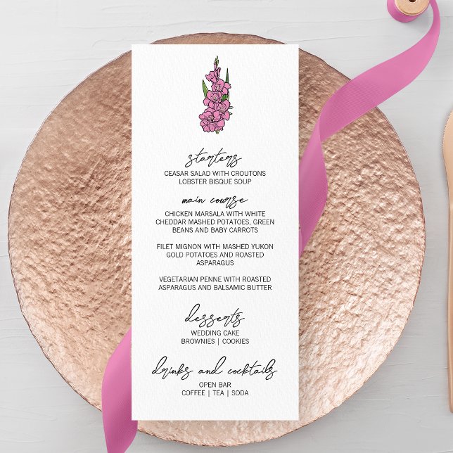 Minimalistisches rosa Gladiolus Wedding Menu Menükarte (Von Creator hochgeladen)