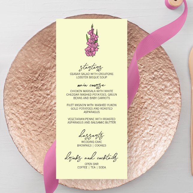 Minimalistisches rosa Gladiolus Wedding Menu Menükarte (Von Creator hochgeladen)