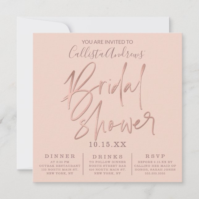 Minimalistisches Rosa-Gold-Typografie-Brautparty Einladung (Vorderseite)