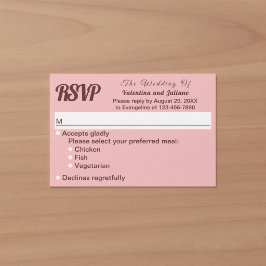 Minimalistisches Rosa mit dunkelrotem Text Hochzei RSVP Karte