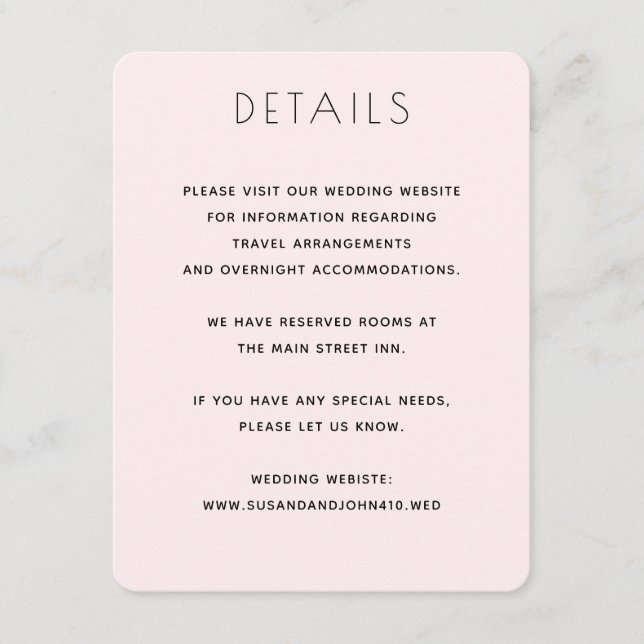 Minimalistisches Rosa und elegante Hochzeit Begleitkarte (Vorderseite)