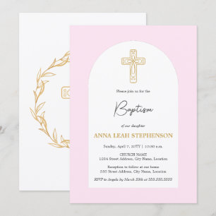 Minimalistisches rosa und goldenes Kreuz Tauf- Einladung