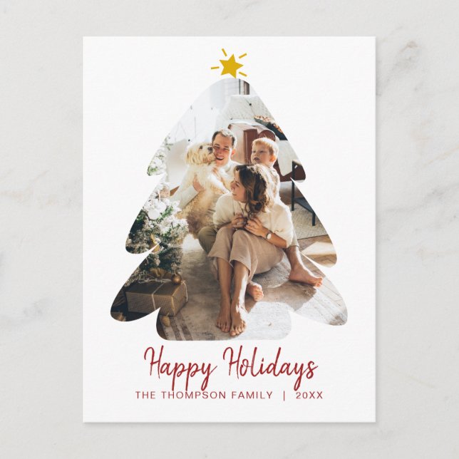 Minimalistisches Rotes Foto Weihnachtsbaum Happy H Postkarte (Vorderseite)