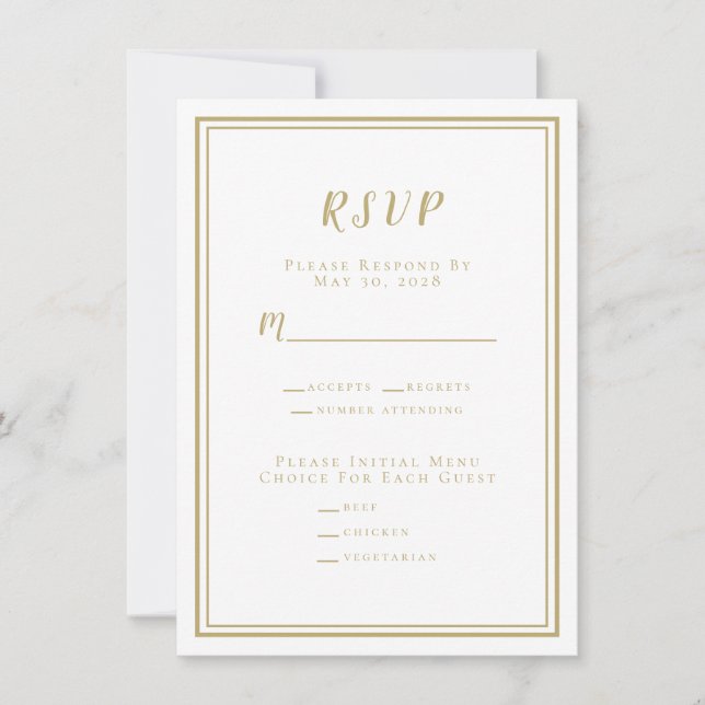 Minimalistisches RSVP-Menü für Hochzeiten - Gold u (Vorderseite)