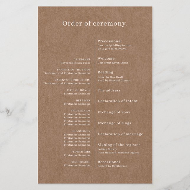 Minimalistisches rustikales Hochzeitsprogramm (Rückseite)
