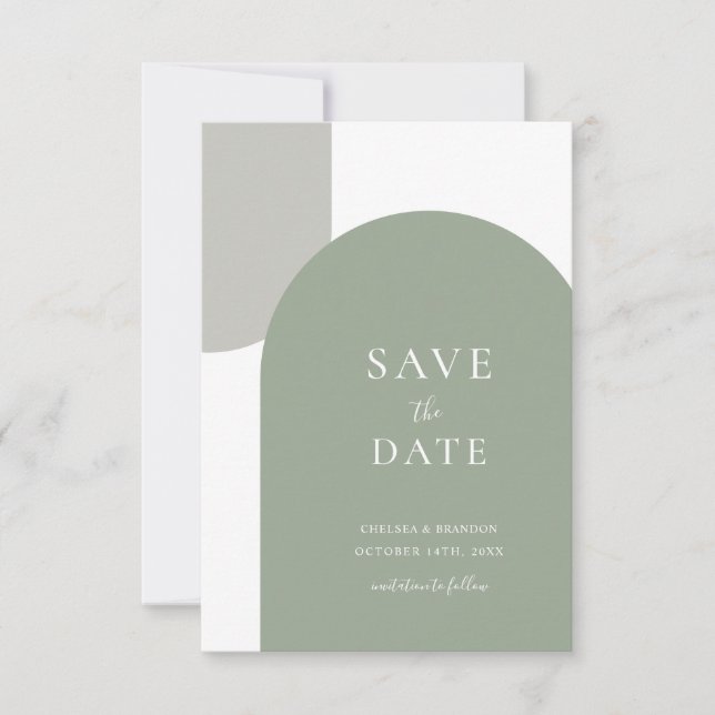 Minimalistisches Sagegrün Boho Bogen Formale Schre Save The Date (Vorderseite)