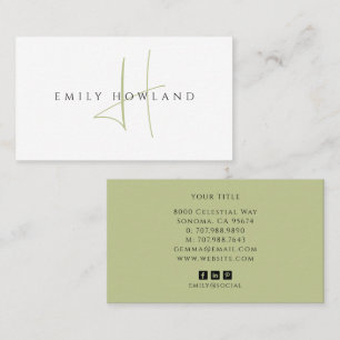 Minimalistisches Salbeigrün-Script-Monogramm-Name Visitenkarte