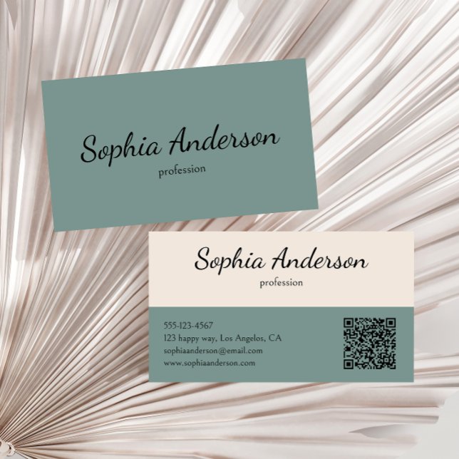 Minimalistisches Salbeigrün und Creme-QR-Code      Visitenkarte (Von Creator hochgeladen)