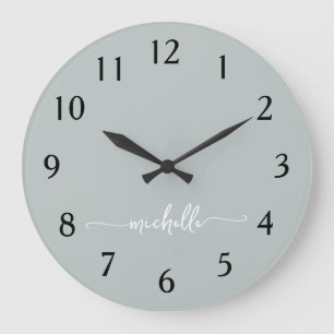 Minimalistisches Salbeigrünes Monogramm Unterschri Große Wanduhr