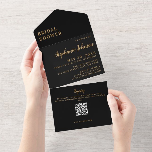 Minimalistisches Schwarz-Gold-Brautparty All In One Einladung (Abreißen)