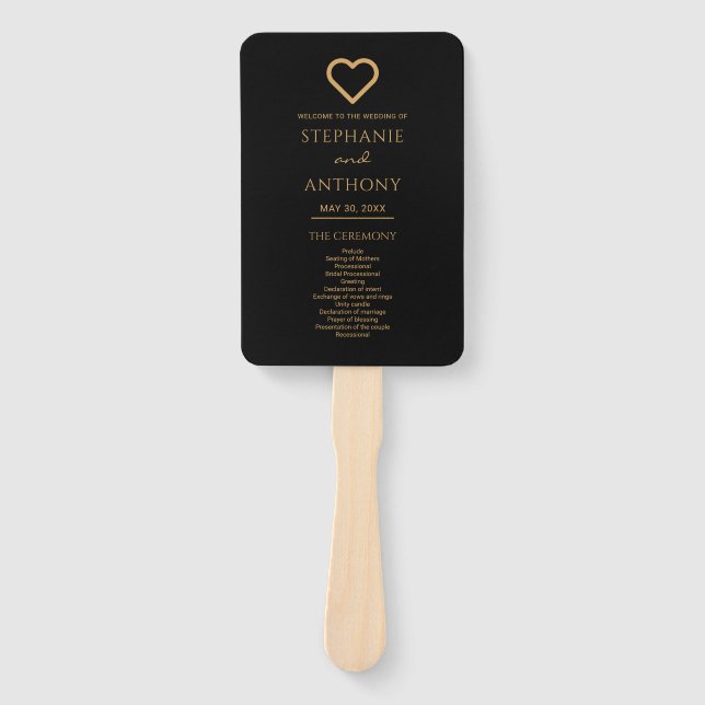 Minimalistisches Schwarz-Gold-Herz Moderne Hochzei Fächer (Vorderseite)
