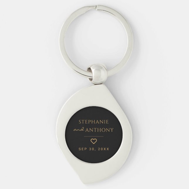 Minimalistisches Schwarz-Gold-Herz Moderne Hochzei Schlüsselanhänger (Vorderseite)