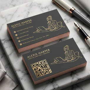 Minimalistisches Schwarz Gold Modern QR Code Linie Visitenkarte