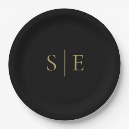 Minimalistisches Schwarz-Gold Monogramm Pappteller