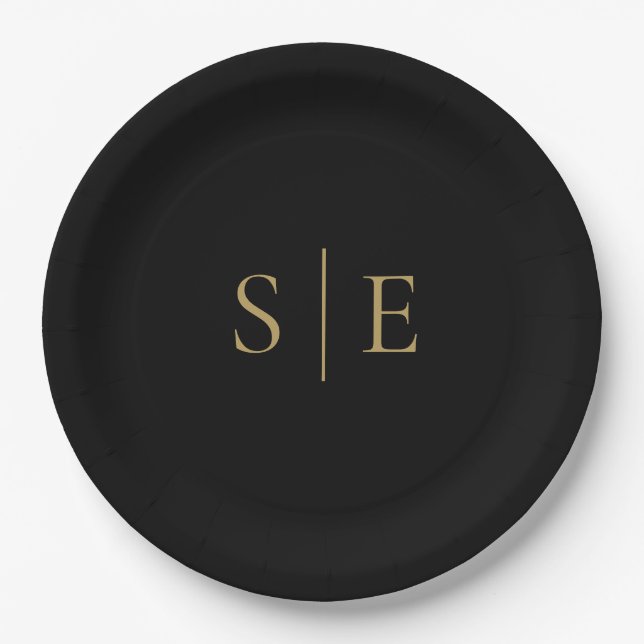Minimalistisches Schwarz-Gold Monogramm Pappteller (Vorderseite)