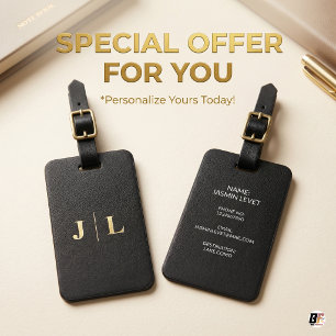 Minimalistisches Schwarz & Gold Monogramm Personal Gepäckanhänger