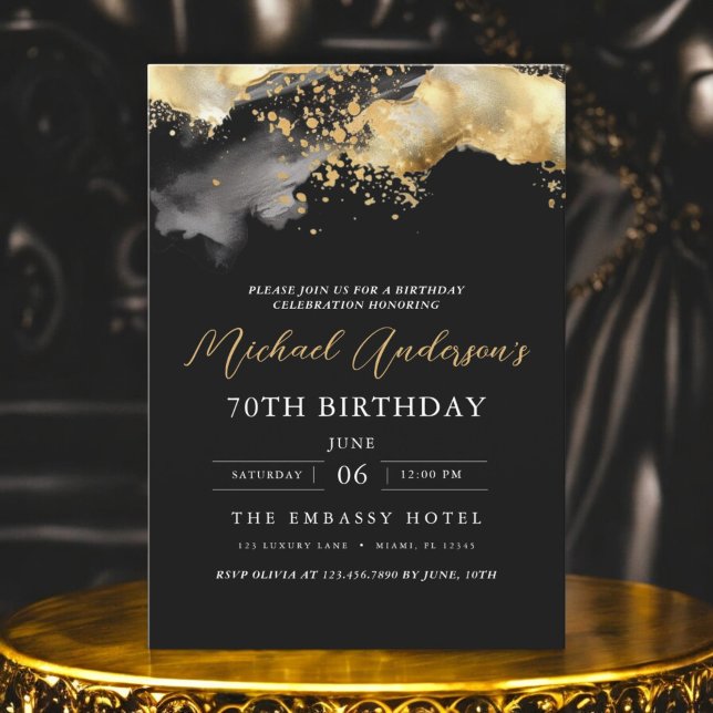 Minimalistisches Schwarz-Gold-Script 70. Geburtsta Einladung (Von Creator hochgeladen)