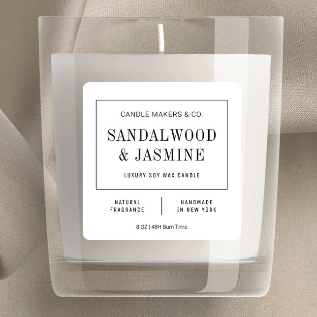 Minimalistisches Schwarz-Weiß-Edelkandellabel Quadratischer Aufkleber (Modern black and white candle labels featuring a simple, yet elegant, design)