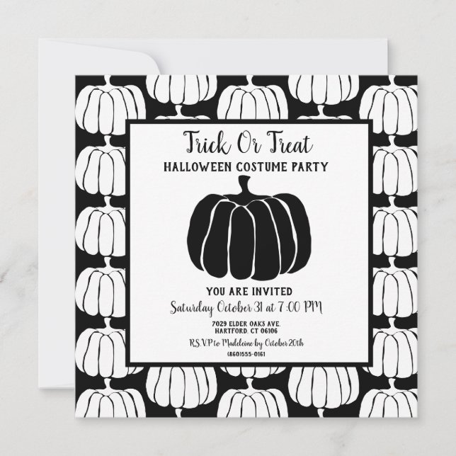 Minimalistisches Schwarz-Weiß-Halloween-Kostüm-Par Einladung (Vorderseite)