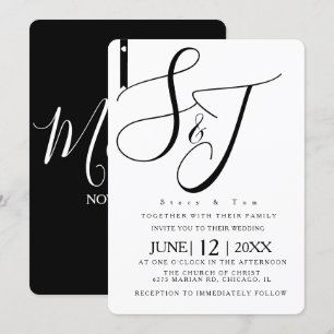 Minimalistisches Schwarz-Weiß-Herz Mit Monogramm Einladung