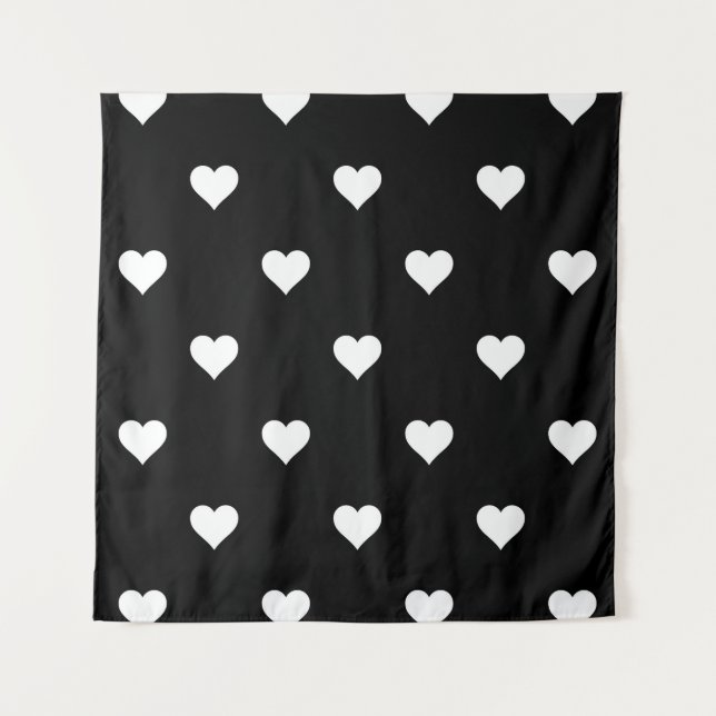 Minimalistisches Schwarz-Weiß-Herzmuster Wandteppich (Vorderseite)