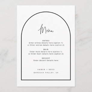 Minimalistisches Schwarz-Weiß-Hochzeitsmenü für Bo Menükarte