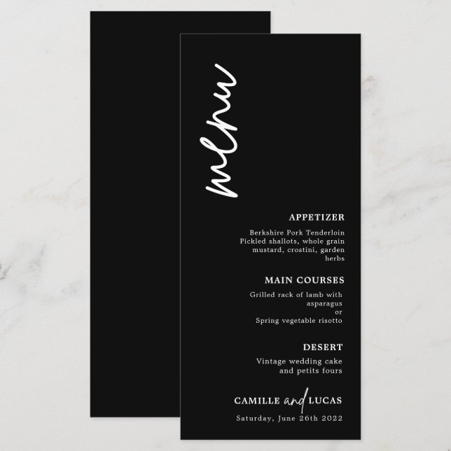 Minimalistisches Schwarz-Weiß-Hochzeitsmenü Menükarte (Vorne/Hinten)