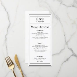 Minimalistisches Schwarz-Weiß-Hochzeitsmenü Menükarte