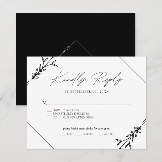 Minimalistisches Schwarz-Weiß-Hochzeitsmenü RSV RSVP Karte (Vorne/Hinten)