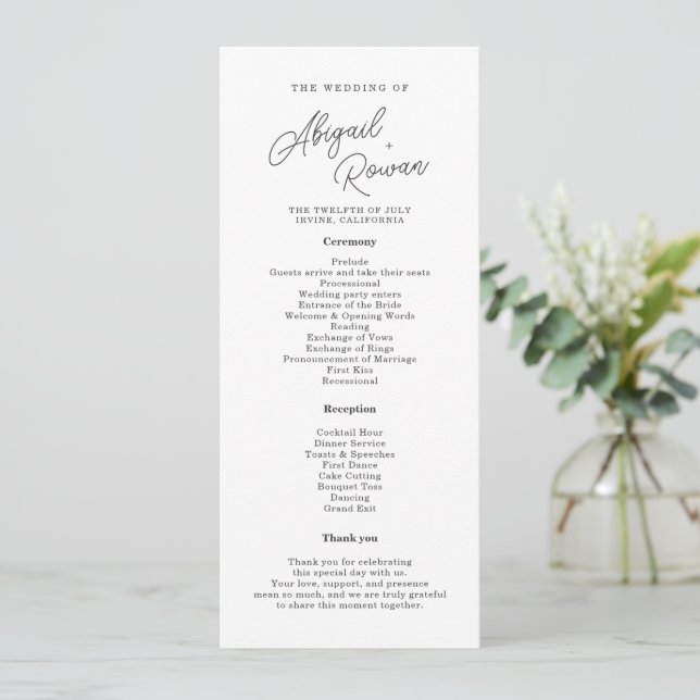 Minimalistisches Schwarz-Weiß-Hochzeitsprogramm in Einladung (Stehend Vorderseite)
