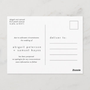 Minimalistisches Schwarz-Weiß-Hochzeitsverschoben Postkarte