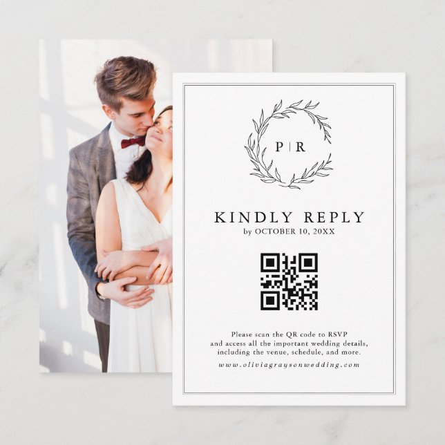 Minimalistisches Schwarz-Weiß-Leaf Modernes QR-Cod RSVP Karte (Vorne/Hinten)