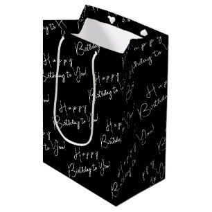 Minimalistisches Schwarz-Weiß-Muster "Happy Birthd Mittlere Geschenktüte