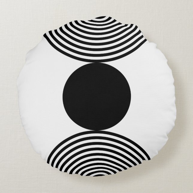 Minimalistisches Schwarz-Weiß-Muster Rundes Kissen (Rückseite)