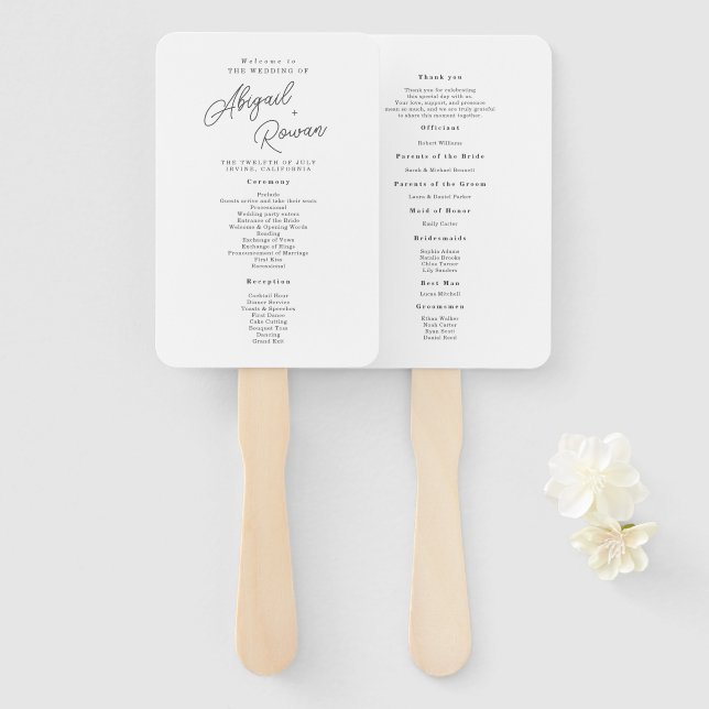 Minimalistisches Schwarz-Weiß-Script-Hochzeitsprog Fächer (Vorne und Hinten)