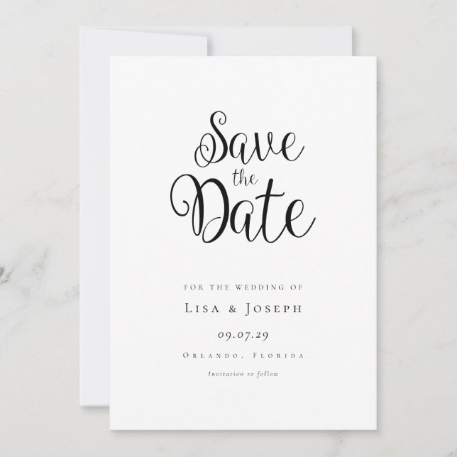 Minimalistisches Schwarz-Weiß-Skript Save the Date Einladung (Vorderseite)
